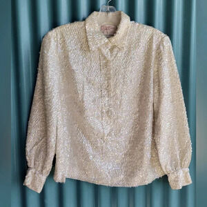 Vintage Hark  Imports White Sequins Button Down Long Sleeves Shirt Top luxury